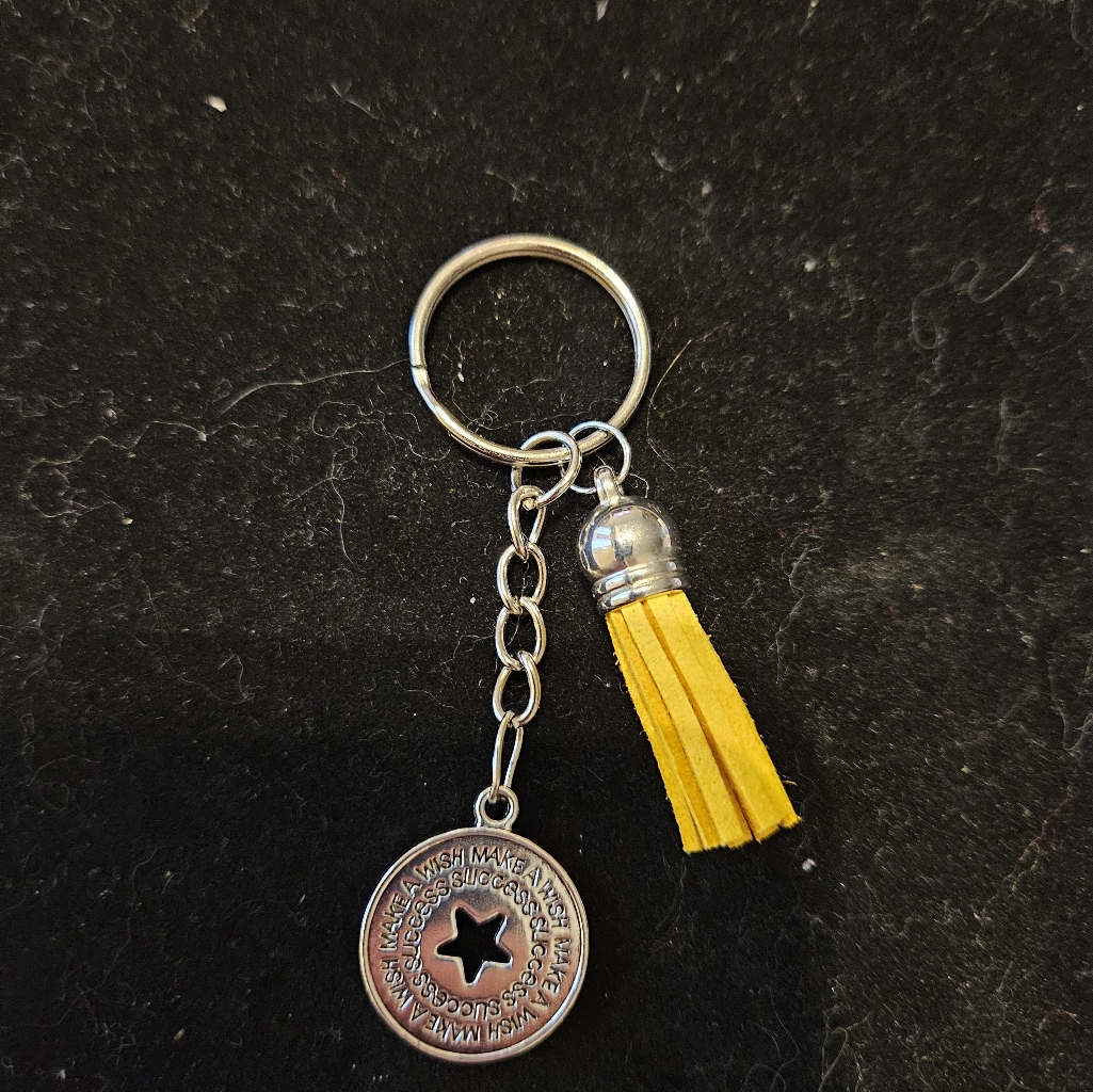 Star Engraved Silver Tinted Pendant Keychain With Yellow Tassel - Handmade By Me